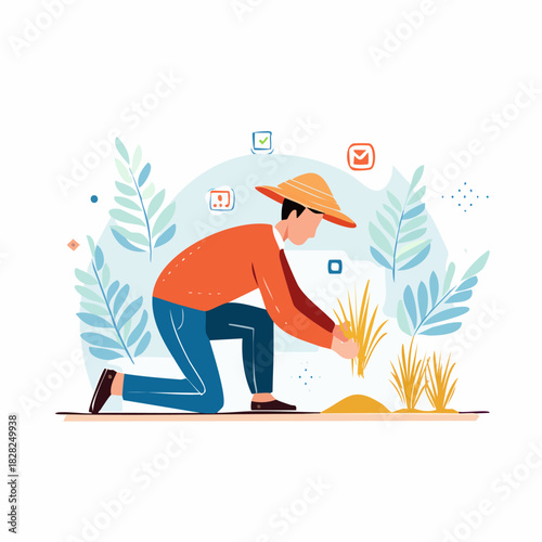 Gardener Kneeling and Planting a Seedling in Garden.