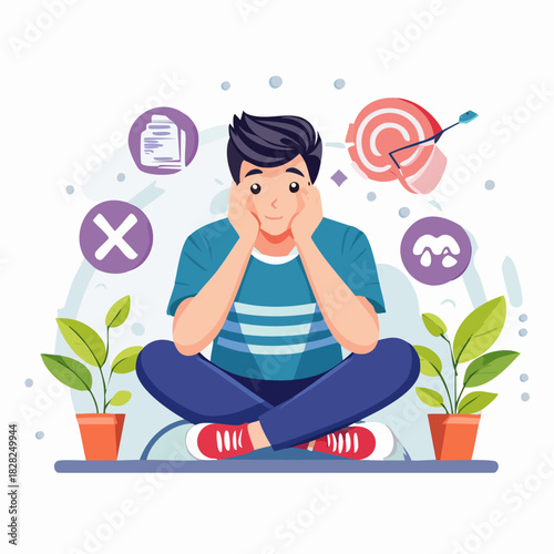 Young man feeling anxious sitting cross legged.