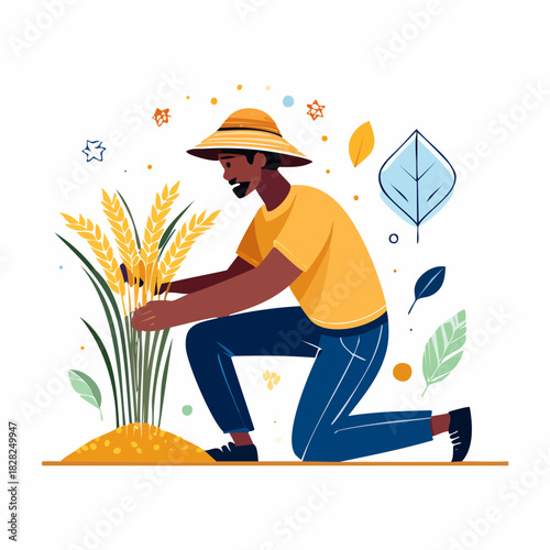 Farmer Planting Seed In Field Illustration.