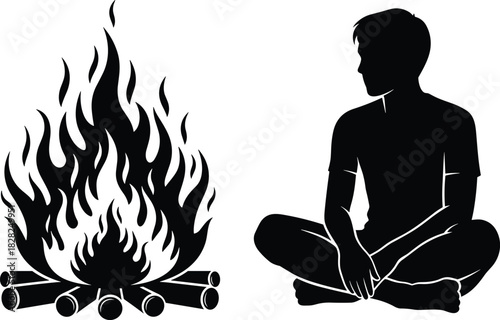 Bonfire and sitting man silhouettes vector illustration, figure warming himself by a camping fire, outdoor recreation, cozy night, and adventure concept graphic isolated on white background.