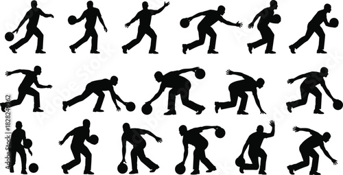 Bowling player silhouettes vector illustration collection, set of male athletes in various dynamic action poses, throwing a bowling ball, sports icon designs, editable isolated figures on white backg