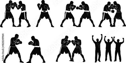 Boxing and victory silhouettes vector illustration collection, set of boxers fighting, sparring, and celebrating winning a match, combat sport icons, editable isolated figures on white background.