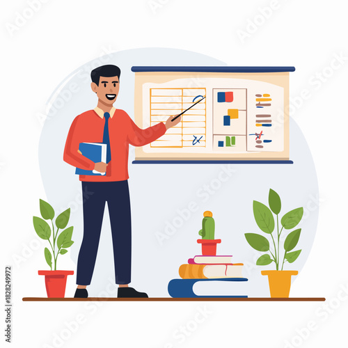 teacher presenting in classroom with board and books.