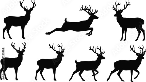 Deer and stag silhouettes vector illustration collection, set of male cervids with large antlers in various standing and running poses, wild animal icons, editable isolated figures on white background