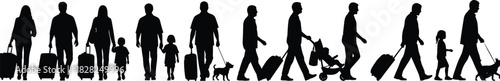 Diverse group of traveling people silhouettes vector illustration set, a collection of men, women, and children walking with luggage at an airport or train station, black graphic icons for tourism.