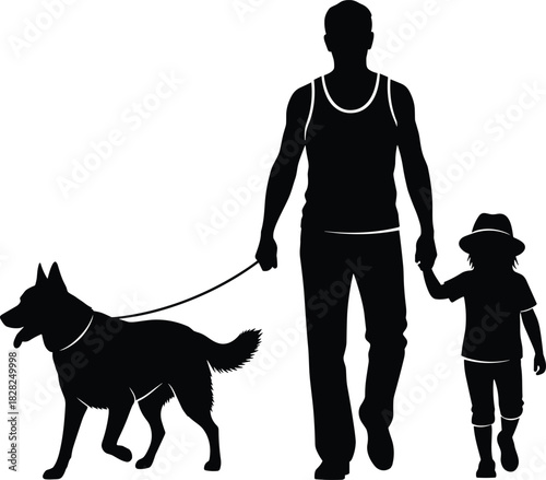 Father, daughter, and dog walking together vector silhouette illustration, a family with pet enjoying outdoor leisure time, dad holding child's hand while walking a German Shepherd, black graphic ico