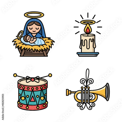 Four colorful Christmas icons including the Nativity, a candle, a drum, and a trumpet, on a white background.