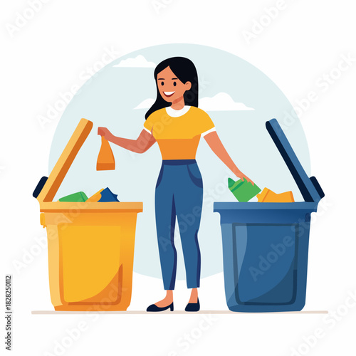 Woman Sorting Waste Into Color Coded Recycling Bins.