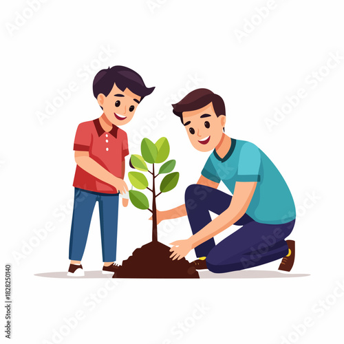 Two Boys Planting Seedling Together Outdoors.