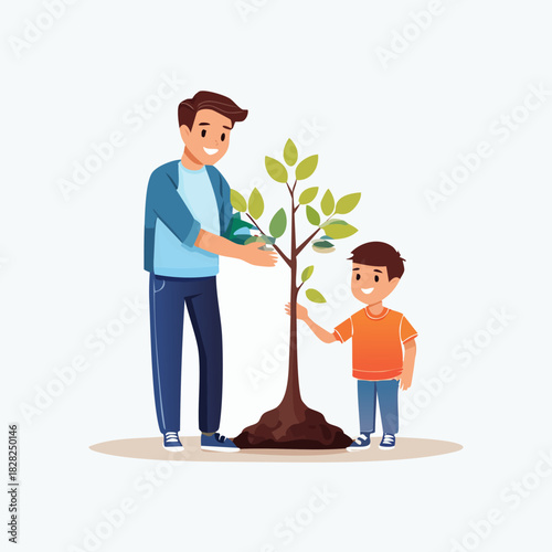 Man and Child Planting a Young Tree Together.