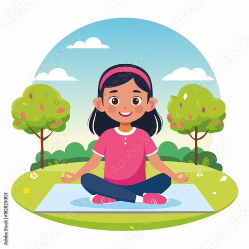 Meditating girl sitting cross legged on yoga mat outdoors.