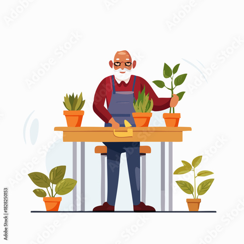 Elderly man tending potted plants on a table.