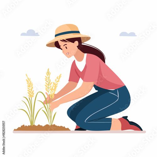 woman planting crops in garden kneeling illustration.