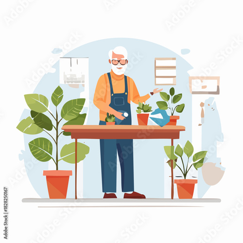 Gardener tending potted plants at a table indoors.