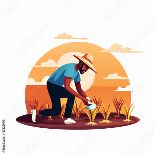 Farmer Planting Crops in a Field Illustration.