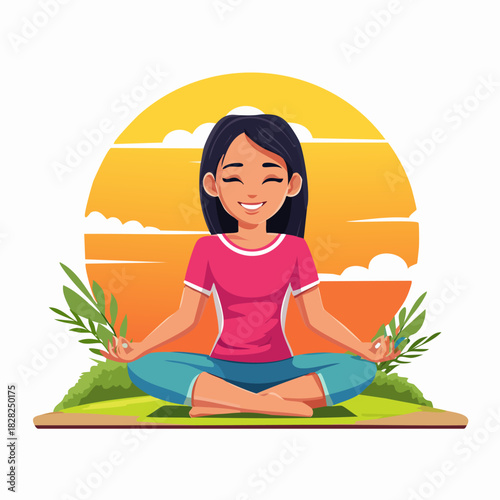 Meditating woman sitting cross legged in serene pose.