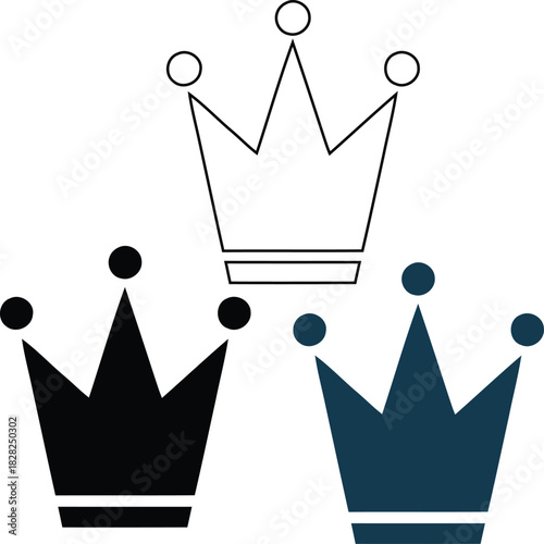 Three crown icons in outline black and blue silhouette on white background