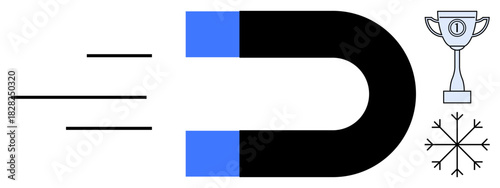 Magnetic attraction concept. Magnet pulling toward success with a trophy symbol alongside a snowflake highlighting cool efficiency. Magnetic attraction inspires success, innovation, and work