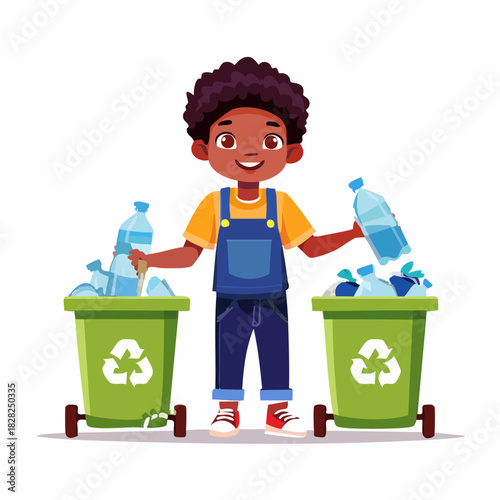 Young child recycling bottles between two green bins.