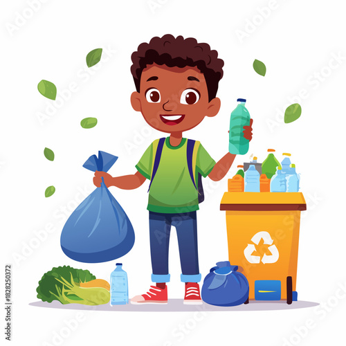 Cheerful Boy Collecting Recyclable Trash For Recycling.
