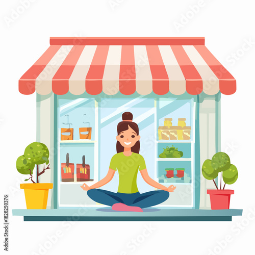 Meditating Woman Inside Storefront For Wellness.