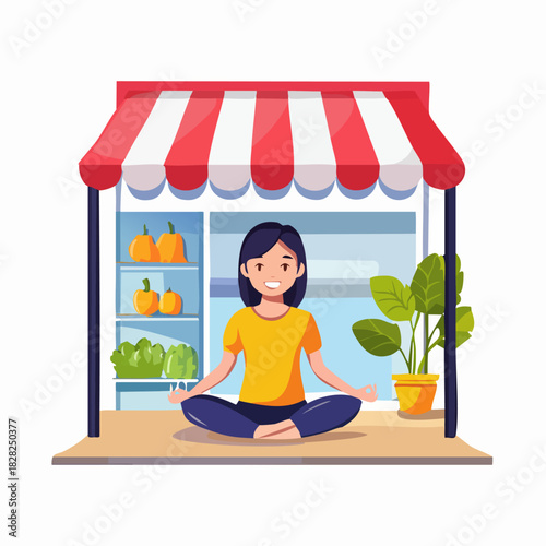 Woman Meditating in Front of Small Shop.