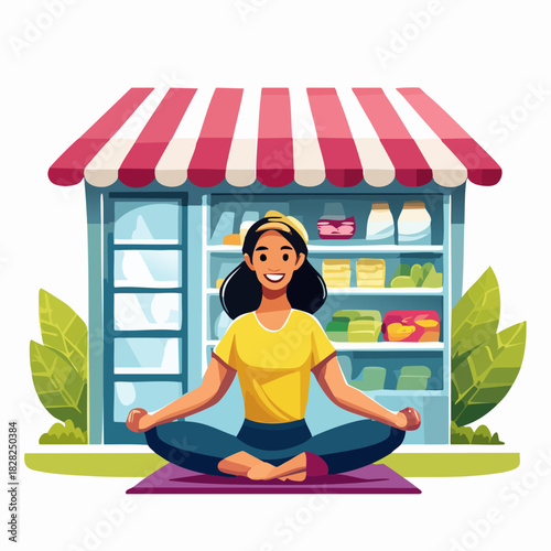 Woman meditating in front of colorful shop.
