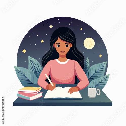 Young female student writing in a notebook at desk.