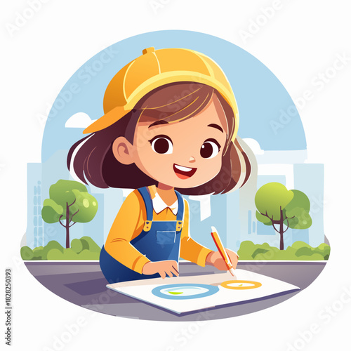 Young girl construction worker drawing blueprints.