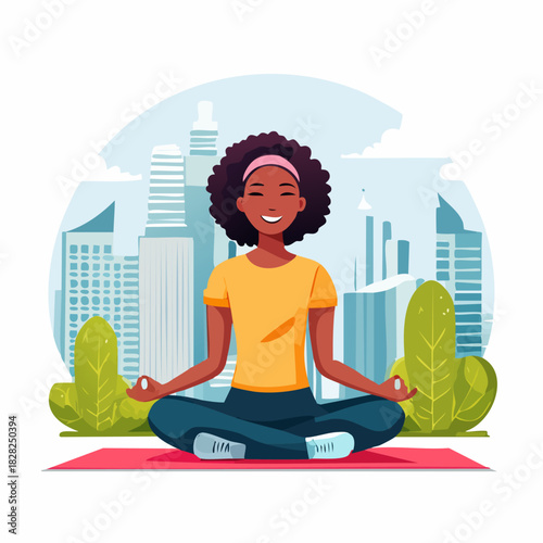 Meditating Woman In City Park Cross Legged Pose.