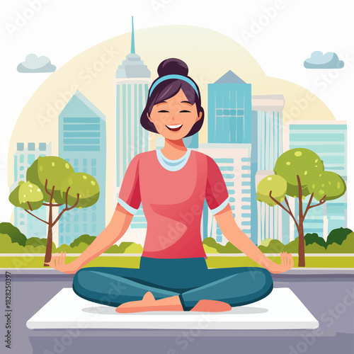 Meditating Woman Sitting Cross Legged in City Park.