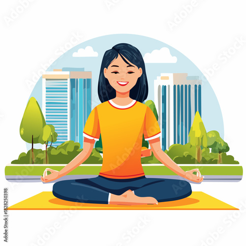 Meditating woman in city park illustration.