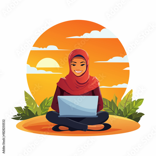 Female coder in hijab using laptop outdoors at sunset.