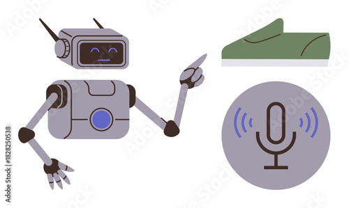Robot pointing at microphone and shoe, symbolizing AI-driven voice commands, technology integration, and innovation. Ideal for AI, automation, creativity, communication, robotics smart devices