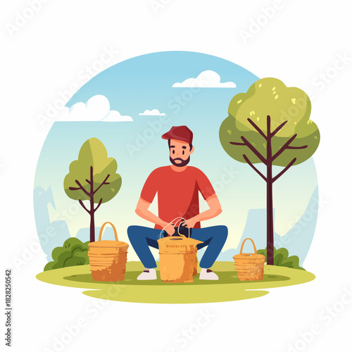 Man carving wood outdoors in park setting.