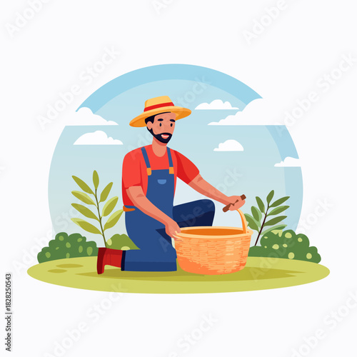 Farmer Harvesting with Basket in Field Illustration.