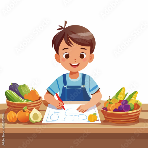 Young Boy Drawing at Table with Art Supplies.