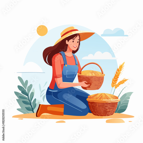 Woman Harvesting Basket in Rural Field Illustration.
