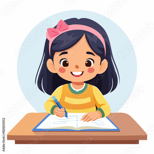 Cheerful young girl student writing at desk.