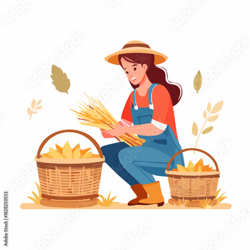 Female farmer harvesting wheat with baskets.