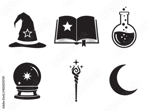Brutalist Magic Icons. Magic Realms silhouette icon set: wizard hat, spell book, potion vial, crystal ball, staff, moon symbol.