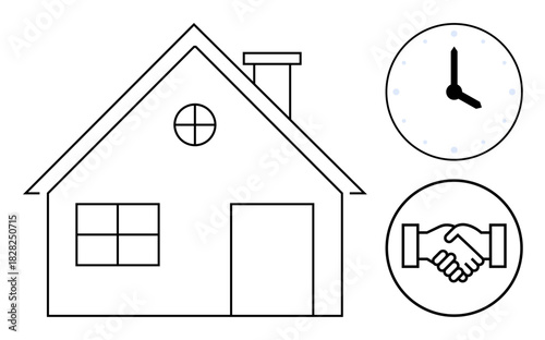 Real estate concept. Real estate associations with time management and agreements ed by a house, clock, and handshake icon. Real estate solutions for contracts, deals, property buying, and selling