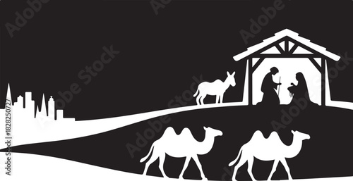 White silhouettes portray Mary and Joseph with animals near Bethlehem on black background