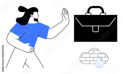 Woman gesturing stop, black briefcase symbolizing work, and cloud with water droplet, representing resistance, work-life balance, boundaries. Ideal for conflict resolution, workplace dynamics