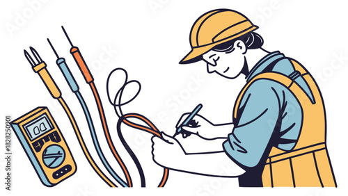 Cartoon electrician wearing a helmet and holding a multimeter, with wires and tools neatly arranged around him.
