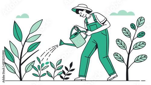 Gardener holding a watering can and pruning shears, plants.