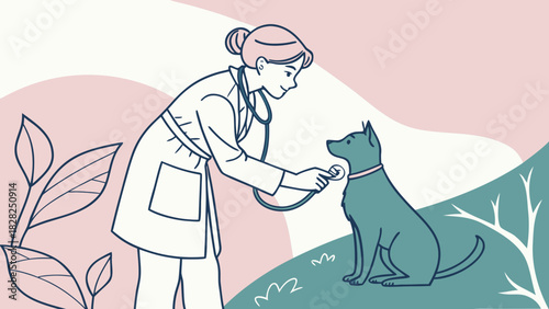 A cartoon veterinarian holding a stethoscope and a stylized pet dog.
