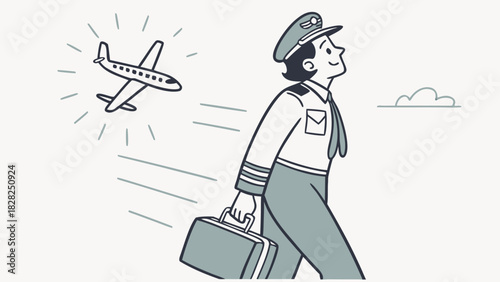 Cartoon airplane pilot holding helmet and briefcase, stylized uniform, vector airplane icon.