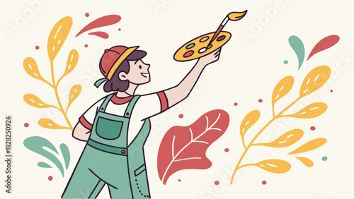 Artist/Painter holding a paint palette and brush, colorful vector splatters around, vibrant cartoon style.