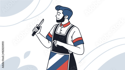 Cartoon barber with hair clippers and scissors, stylish apron.